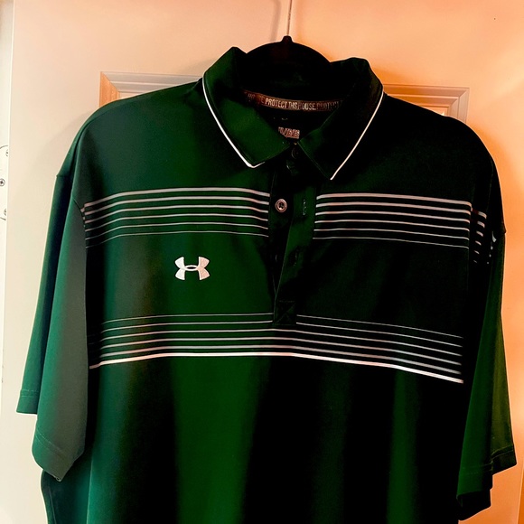 XL Under Armour HeatGear polo shirt.  Green with white/gray stripes. - Picture 1 of 3
